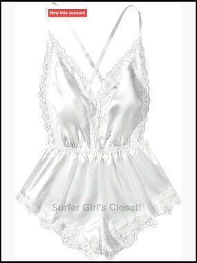 Lace Satin Bodysuit Deep V Neck Teddy Lingerie Sleeveless Crisscross Back